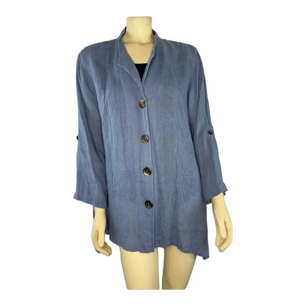 Caroline Rose Button-Down stand collar 100 % Tissue-Linen Shirt size large